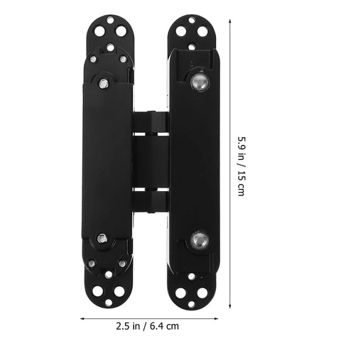 Front view of a black Beefy Heavy Duty Concealed Door Hinge For Wood Doors Adjustable Multi Directional Invisible Cross Hinge 180 Degree Swing Load Bearing 40kg Metal Hinge For Home Interiors, measuring 5.9 in x 2.5 in.