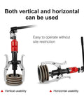 Rock Solid Hydraulic Gear And Wheel Bearing Puller Delivering 15 Ton Raw Power For Heavy Duty Machine Work and Badass Auto Repairs That Go Down Smooth Without Any Headaches, showing vertical and horizontal use.