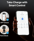 Smartphone displaying control app for Keyless Entry Door Lock With Handle 5 In 1 Security System Includes Fingerprint Passcode App Control Fob And Emergency Key