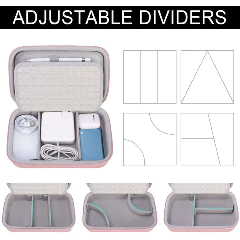 Heavy Duty Travel Electronic Organizer Case With Sleek Cable Pouch For Chargers And Gadgets open, showing adjustable dividers and tech items.