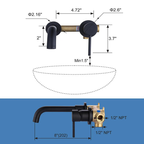 Illustration of Matte Black Wall Mount Bathroom Faucet With Single Handle, dimensions and solid brass NPT rough-in valve details.