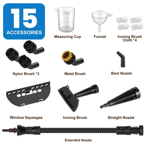 15 accessories for No Sweat Handheld Steam Cleaner For Home, Portable Steam Mop For Deep Cleaning With 15 Accessories, Fast Heating 1050W.
