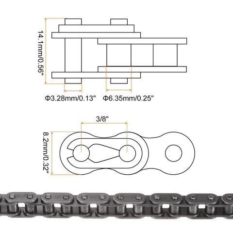 Beefy Three Eighths Inch Pitch Roller Chain 10 Feet 320 Links 06B Metric Standard Carbon Steel Heavy Duty Drive Chain diagram