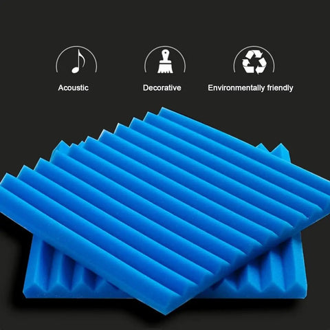 Top Shelf 20 Piece Grey Sound Proof Foam Panels For Professional Home Recording Studio Acoustic Treatment High Density Flame Retardant Wedge Tiles Quick Setup Vibe Shaper stacked blue wedges with ridged surfaces for sound treatment.