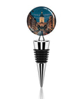 Premium Leakproof Vacuum Wine Pump Stopper And Reusable Bottle Sealer Crafted With Zinc Alloy, decorative top with cityscape design.
