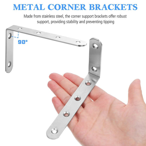 Person holding Heavy Duty L Shaped Shelf Brackets For Wood Shelves Stainless Steel 10 Pack Corner Supports