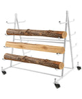 Heavy Duty Five Tier Lumber Storage Rack Double Sided Wood Organizer With Smooth Rolling Brake Casters holding logs.
