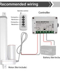 Front view of ECO-WORTHY forward/reverse DC motor controller kit with remote and wiring diagram