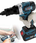 Super Cordless Electric Rivet Gun Kit With Dual Function Pulls Metal Rivets From M3 To M12 And Installs Nut Inserts, 4000 Mah Battery Includes Charger For Fast Jobs At Home Or Work. cordless rivet gun with 26V battery in use on metal sheet