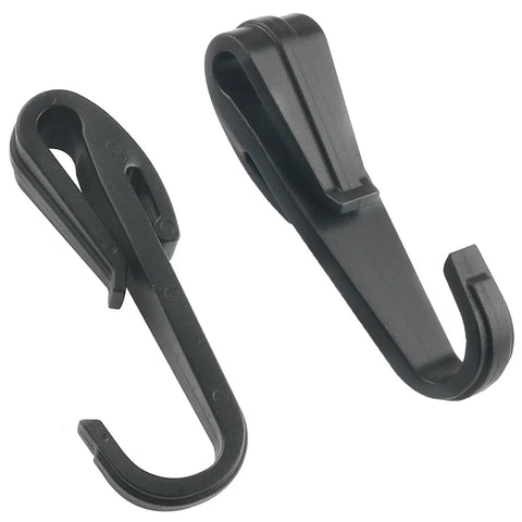 Ten Pack Elastic Cord Hooks Double Sided Plastic Rope Clips, black, for helmets and work lights.