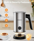 4 In 1 Electric Milk Frother For Barista Grade Foam And Milk Warmer With Temperature Control, silver with black handle, in kitchen