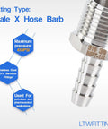 Top Shelf Stainless Steel 316 Barb Connector 1/4 Inch Hose Id To 3/8 Male Npt Bulk Pack Of 600 Pieces, showcasing detailed thread and barb.