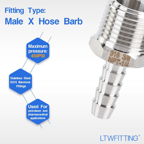 Top Shelf Stainless Steel 316 Barb Connector 1/4 Inch Hose Id To 3/8 Male Npt Bulk Pack Of 600 Pieces, showcasing detailed thread and barb.