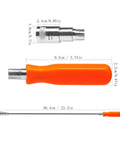 24 Inch Flexible Magnetic Pickup Tool with LED Light showing orange handle and stainless steel wand dimensions for precision retrieval.