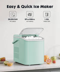Countertop Ice Maker With Scoop, Basket And Handle, Portable Ice Machine That Cranks Out 9 Bullet Ice Cubes In Just 6 Minutes, Delivers Up To 26.5 Lbs Per Day, Two Ice Sizes For Home, Kitchen, Office Or Bar, Green, shown on kitchen counter