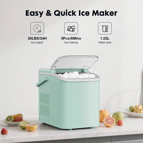 Countertop Ice Maker With Scoop, Basket And Handle, Portable Ice Machine That Cranks Out 9 Bullet Ice Cubes In Just 6 Minutes, Delivers Up To 26.5 Lbs Per Day, Two Ice Sizes For Home, Kitchen, Office Or Bar, Green, shown on kitchen counter