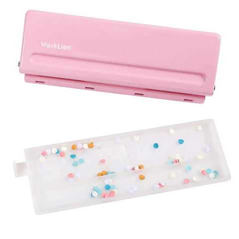 Adjustable 6 Hole Punch For Planners And Binders, Durable Metal Puncher With 6 Sheet Capacity, Pink, with included confetti tray.