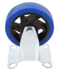 Heavy Duty Five Inch Fixed Workbench Caster Wheels With Premium Black Rubber Tires For Rock Solid Industrial Cart Rolling And Dead Quiet Smooth Glide, close-up of blue rubber wheel on metal plate.