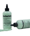 Two Anchorlube all-purpose metalworking compound bottles, 8 oz, water-based cutting fluid; mint-green gel spill, front.