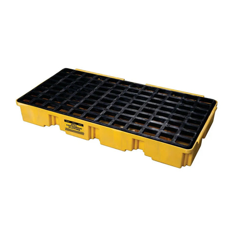 Two Drum Spill Platform With Drain And Forklift Pockets Built Tough Heavy Duty Containment Tray For Quick Spill Control 30 Gallon Sump 5,000 Lb Load Dimensions 26.25 x 51 x 6.5 Inches Made In USA Yellow