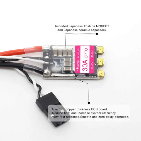 Close-up of 30A Brushless ESC Pack For FPV Racing Drones BLHeli S DShot 150 300 600 Support 3S 4S 5S LiPo Battery With 40A Peak
