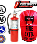 Killer Grade Class ABC Dry Chemical Fire Extinguisher With Wall Mount Hardware Weather Resistant Storage Cover And Clear Safety Sign displayed with UL logos.