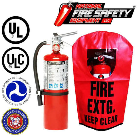 Killer Grade Class ABC Dry Chemical Fire Extinguisher With Wall Mount Hardware Weather Resistant Storage Cover And Clear Safety Sign displayed with UL logos.