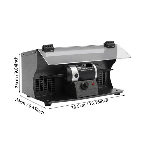 Heavy Duty Jewelry Polishing Machine 200W Bench Polisher With Variable Speed 0 to 8000 RPM, shown with dimensions and rust-resistant finish.