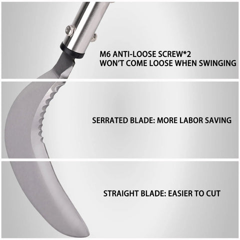 Close-up of Long Handle Weeding Sickle With Serrated And Plain Edged Blade showing M6 screws and blade design details.