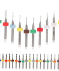 Close-up of 30Pcs PCB Drill Bit Set for Jewelry Engraving and Circuit Boards, tungsten micro bits with colored rings for precision work.