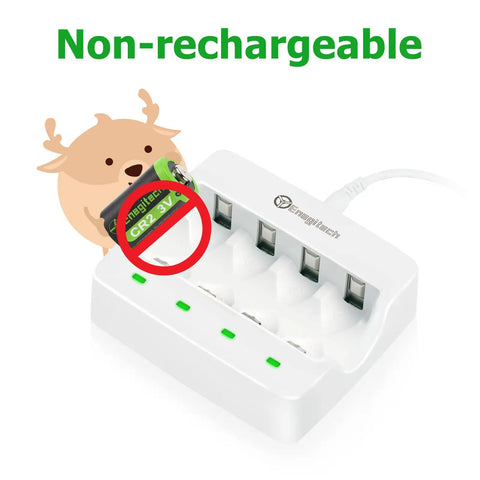 Non-rechargeable CR2 3V lithium battery placed in a charging base, highlighting solid performance for devices.