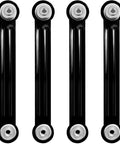 Durable Galvanized Glider Bearing Arms 9 Inch Overall Length 7 And A Half Inch Center To Center Bolt Hole Distance 1 Quarter Inch Bolt Hole Diameter Four Pack Replacement Hardware For Outdoor Patio Gliders And Garden Benches, showing four black arms in vertical alignment on a white background