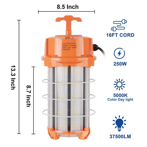 High Output 250W LED Temporary Work Light With 37500 Lumens 5000K Daylight White 360 Degree Beam IP64 Durable Construction