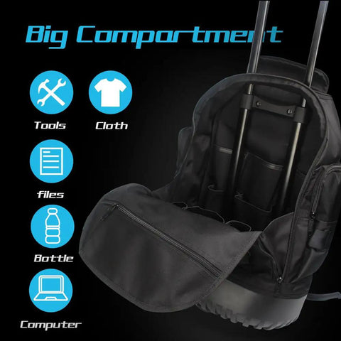 Open view of main compartment in Heavy Duty Wheeled Tool Backpack With Rollable Handle Pro Grade Electrician Organizer