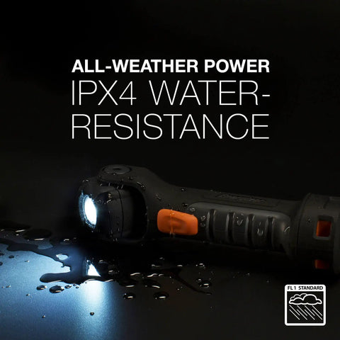 Hardcase Pivot Plus Swivel Head Flashlight With 300 Lumens, 175-Degree Adjustable Beam, showcasing IPX4 water resistance.
