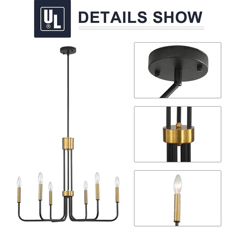 Six Light Black And Gold Farmhouse Chandelier For Dining Room And Kitchen Island, iron fixture details and candle-style bulbs.