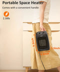 Person holding compact ceramic space heater with 1500W and 900W modes, 1 second fast heat, black, with handle, next to drawer.