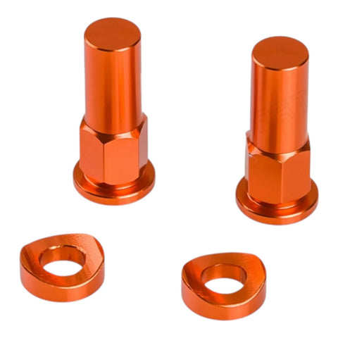 Front view of orange anodized KTM rim lock bolts with washers; set of 2 bolts and 2 washers