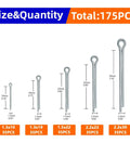 304 Stainless Steel Split Cotter Pin Set No Fuss Assortment Kit With T Shape Pins In M1 M2 M3 M4 Sizes 525 700 And 875 Pieces For Quick Secure Fixation Of Nuts And Bolts Durable Easy In And Out Fasteners For Home Garage Projects. Size chart for 175-piece set, 1.3x10 to 2.2x30 mm split cotter pins