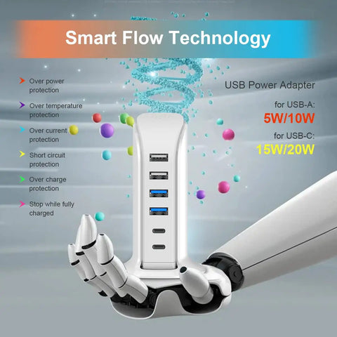 45W Fast Charging USB Station With Dual Type C Ports And Multiport USB Hub Organizer held by robotic hand, showcasing ports