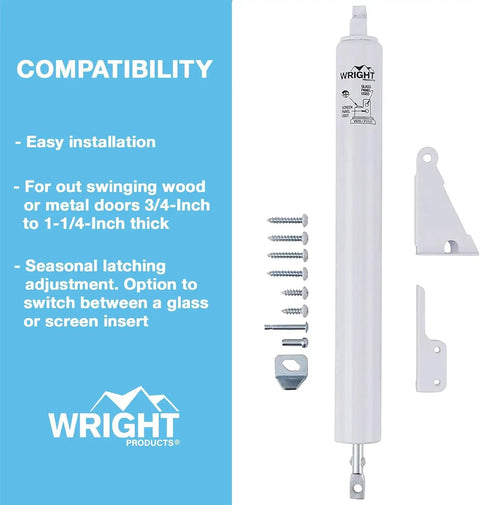 Standard Duty Pneumatic Screen And Storm Door Closer With Adjustable Closing Speed Quiet Operation Easy Installation For Out Swing Doors In White Finish shown with screws and brackets