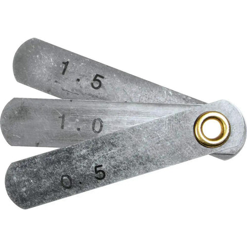 Hardcore 18 Volt Cordless Straight Shear No Sweat Metal Cutting Rock Solid Power For Steel And Duct Seam Quick Precision Trimming One Hand Soft Grip Built Tough For Pros metal gauge tool measuring 0.5, 1.0, and 1.5 thicknesses