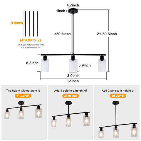 Diagram of Three Light Modern Kitchen Island Pendant Light With Glass Shades Slick Black Metal Finish Rustic Farmhouse Chandelier sizes and adjustments.
