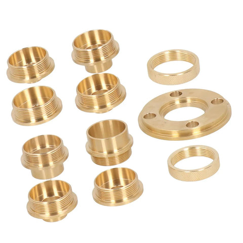 Heavy Duty 11 Piece Brass Router Guide Bushing Kit With Lock Nuts And Adapter Sleeves, showing various brass components and sizes.