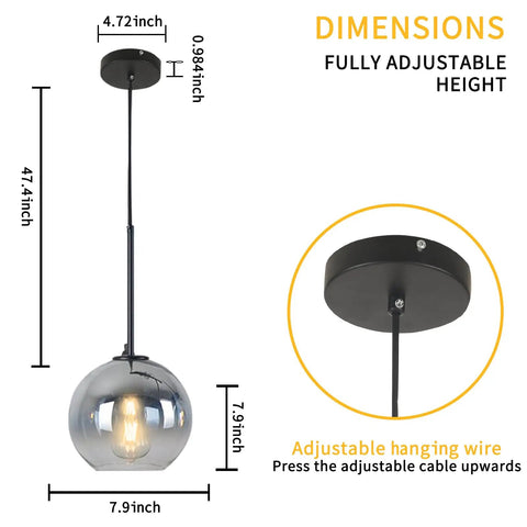 Dope Modern Black Globe Pendant Lights Two Pack, Glass Silver Gradient Orbs dimension details, canopy and hanging wire focus