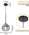Modern Black Glass Globe Pendant Light Set, Silver Gradient Sphere Ceiling Fixture For Kitchen Island And Dining Room dimensions