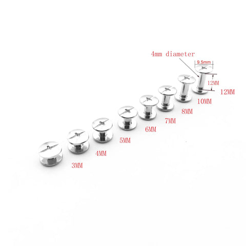 50 Pack Nickel Plated Chicago Screws Featuring Durable Carbon Steel Build And Easy Grip Cross Head For Securing Leather Goods Planning Sheets And Custom Book Bindings Top Shelf Legit Craft Gear, displaying various sizes and measurements.