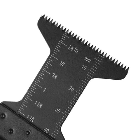 Close-up of a blade from Fifteen Piece Oscillating Saw Blade Set With 44mm Plunge Cut High Carbon Steel Depth Scales