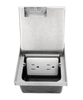 Heavy Duty Slick Pop Up Floor Electrical Outlet Kit Featuring Smooth Glide Pull Down Handle For No Sweat Power Access In Busy Living Areas And Home Workspaces, stainless steel, open view.