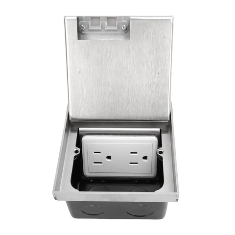 Heavy Duty Slick Pop Up Floor Electrical Outlet Kit Featuring Smooth Glide Pull Down Handle For No Sweat Power Access In Busy Living Areas And Home Workspaces, stainless steel, open view.